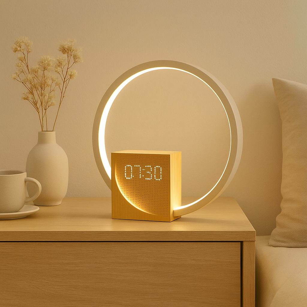 Lampe-réveil design Olumi™ – Halo lumineux & cube en bois