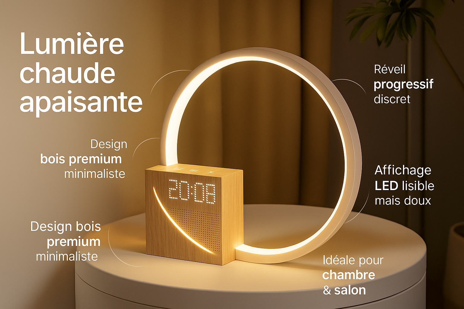 Lampe-réveil design Olumi™ – Halo lumineux & cube en bois
